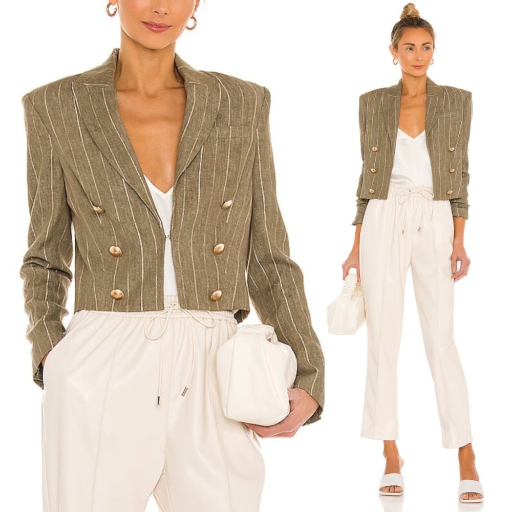 L'AGENCE Inez Crop Blazer Metallic Stripe Linen Cotton Double Breasted Jacket XS